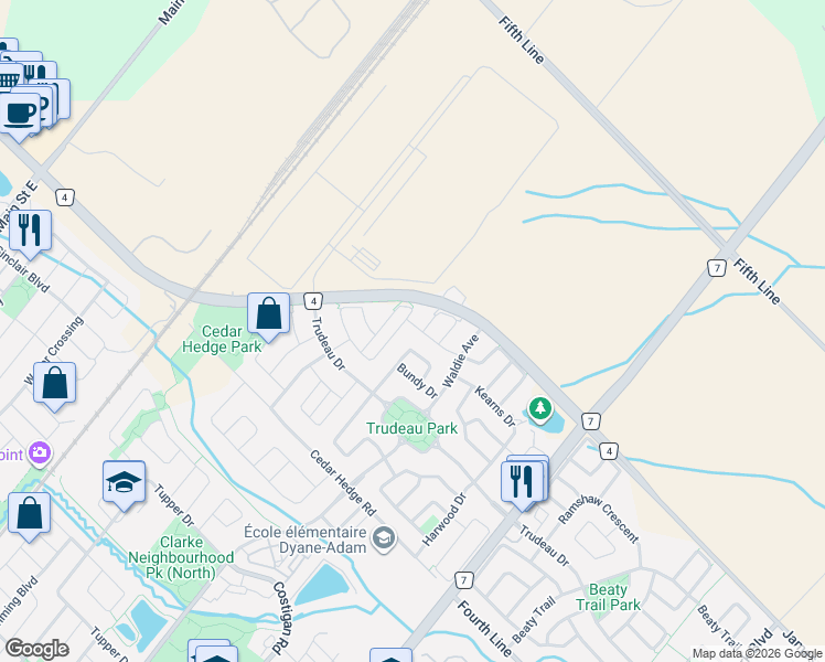 map of restaurants, bars, coffee shops, grocery stores, and more near 1609 Cartwright Crescent in Milton