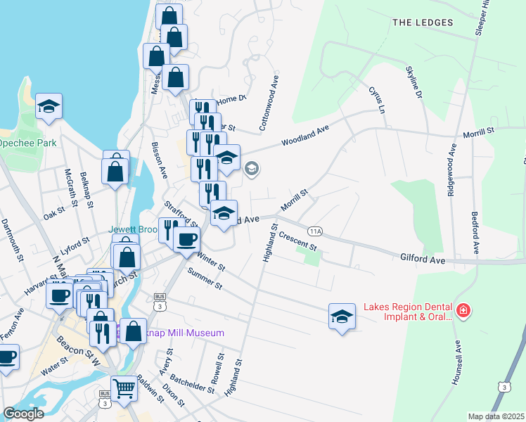map of restaurants, bars, coffee shops, grocery stores, and more near 65 Gilford Avenue in Laconia