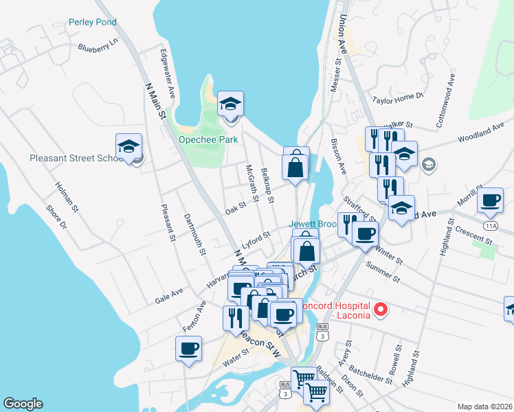 map of restaurants, bars, coffee shops, grocery stores, and more near 22 Belknap Street in Laconia