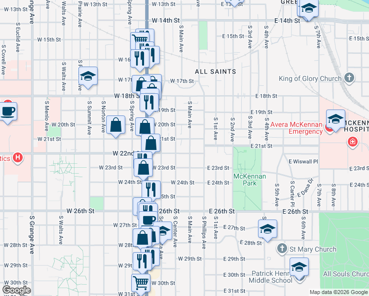 map of restaurants, bars, coffee shops, grocery stores, and more near 1400 South Main Avenue in Sioux Falls