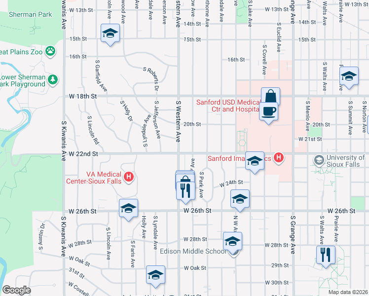 map of restaurants, bars, coffee shops, grocery stores, and more near 1900-1998 West 22nd Street in Sioux Falls