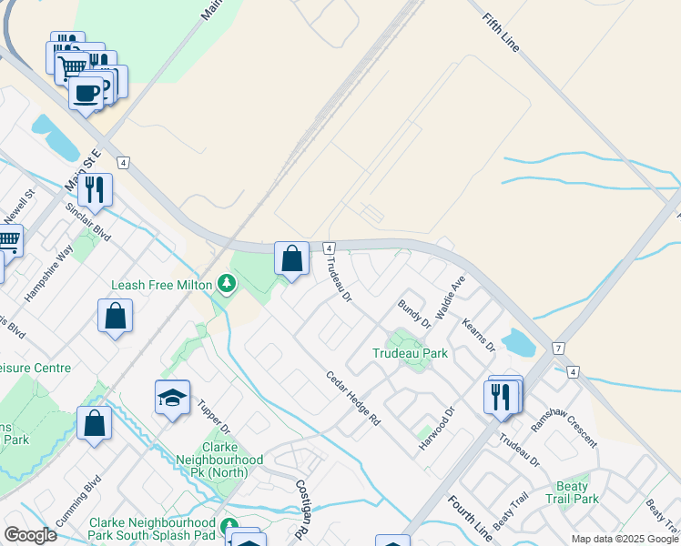 map of restaurants, bars, coffee shops, grocery stores, and more near 325 Trudeau Drive in Milton