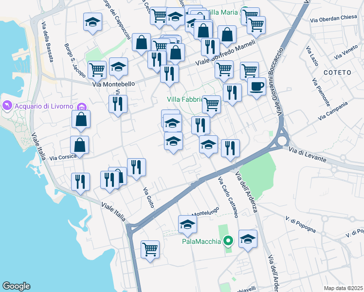 map of restaurants, bars, coffee shops, grocery stores, and more near 32 Via Adriano Cecioni in Livorno