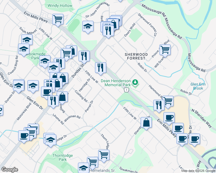 map of restaurants, bars, coffee shops, grocery stores, and more near 2525 Fifth Line West in Mississauga