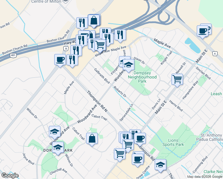 map of restaurants, bars, coffee shops, grocery stores, and more near 1056 Woodward Avenue in Milton