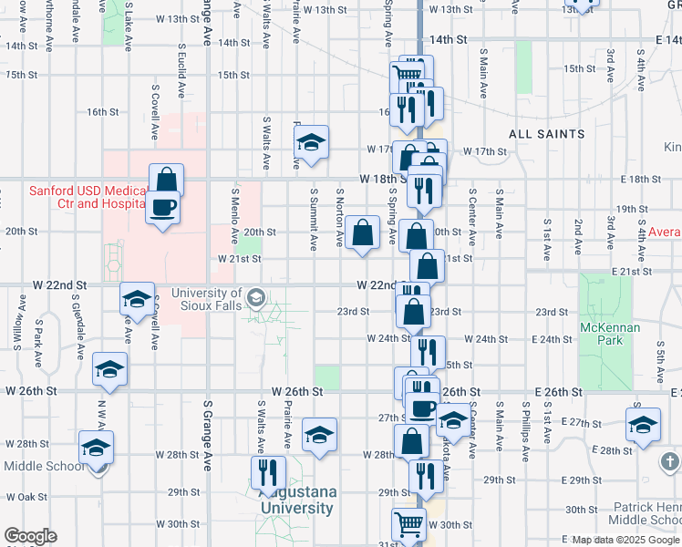 map of restaurants, bars, coffee shops, grocery stores, and more near 1316 South Norton Avenue in Sioux Falls