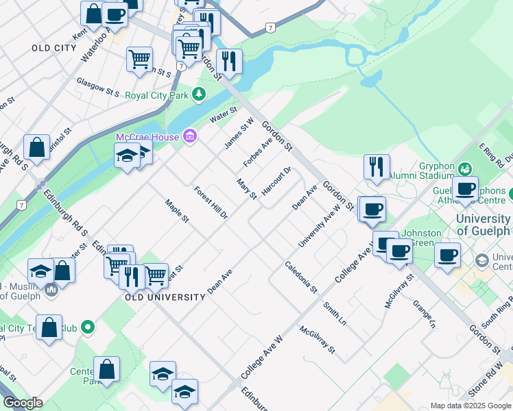 map of restaurants, bars, coffee shops, grocery stores, and more near 3 Caledonia Street in Guelph