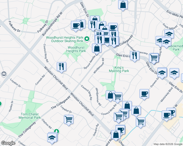 map of restaurants, bars, coffee shops, grocery stores, and more near 3383 Tallmast Crescent in Mississauga