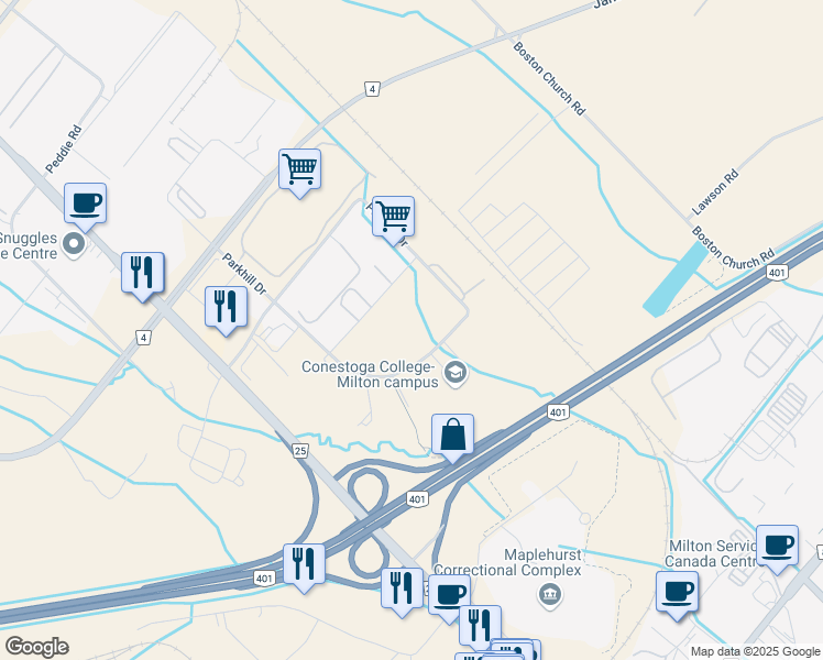 map of restaurants, bars, coffee shops, grocery stores, and more near 8205 Parkhill Drive in Milton