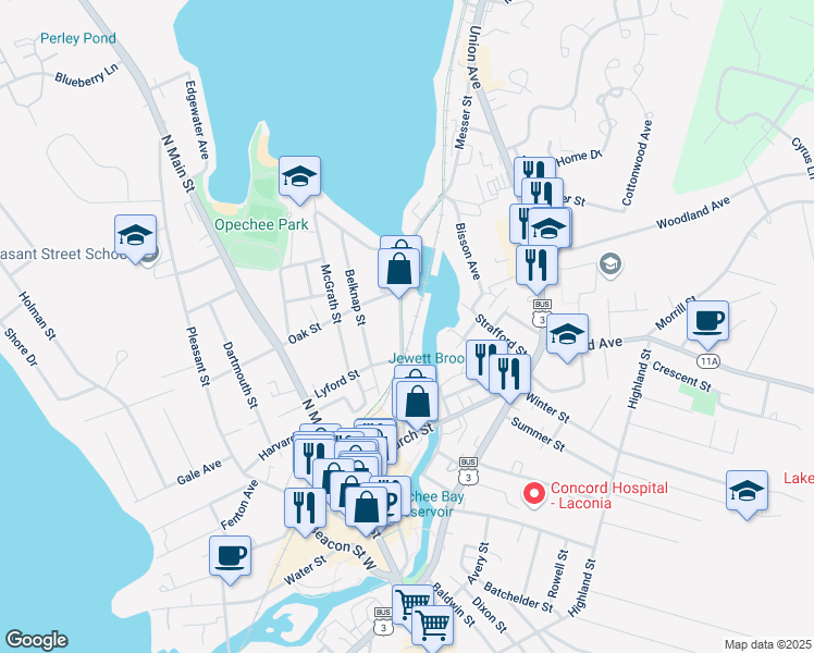 map of restaurants, bars, coffee shops, grocery stores, and more near 86 Messer Street in Laconia