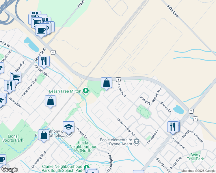 map of restaurants, bars, coffee shops, grocery stores, and more near 500 Blinco Terrace in Milton