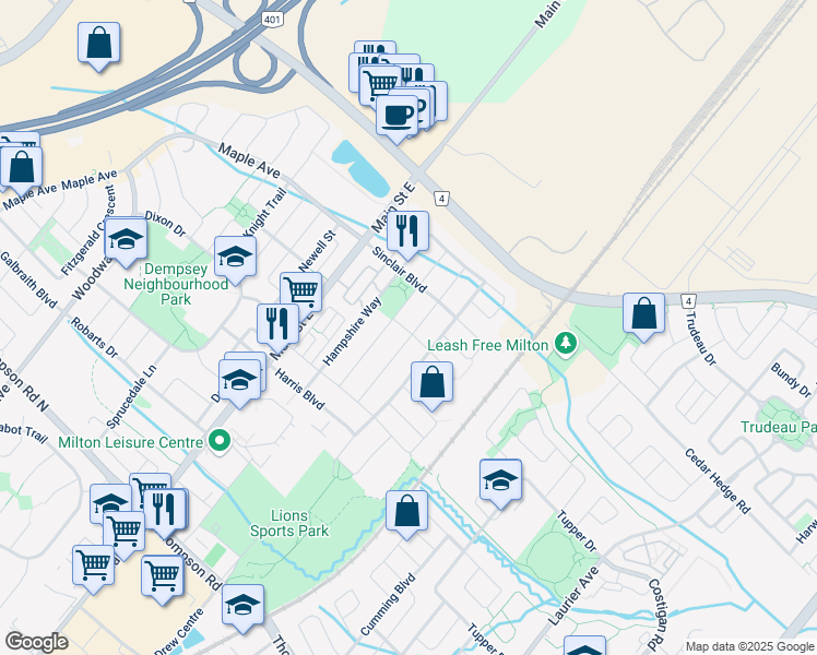 map of restaurants, bars, coffee shops, grocery stores, and more near 211 Featherstone Road in Milton