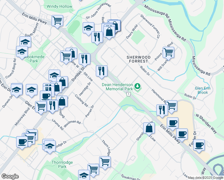 map of restaurants, bars, coffee shops, grocery stores, and more near 2524 Paula Court in Mississauga