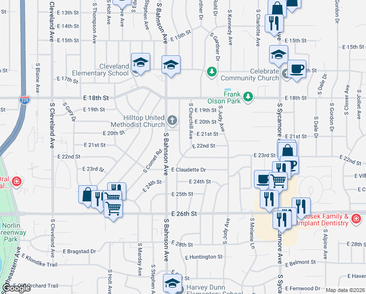 map of restaurants, bars, coffee shops, grocery stores, and more near 3801 East 22nd Street in Sioux Falls