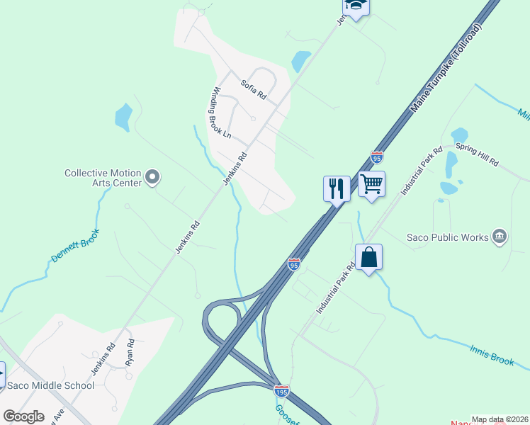 map of restaurants, bars, coffee shops, grocery stores, and more near 12 Wildberry Lane in Saco