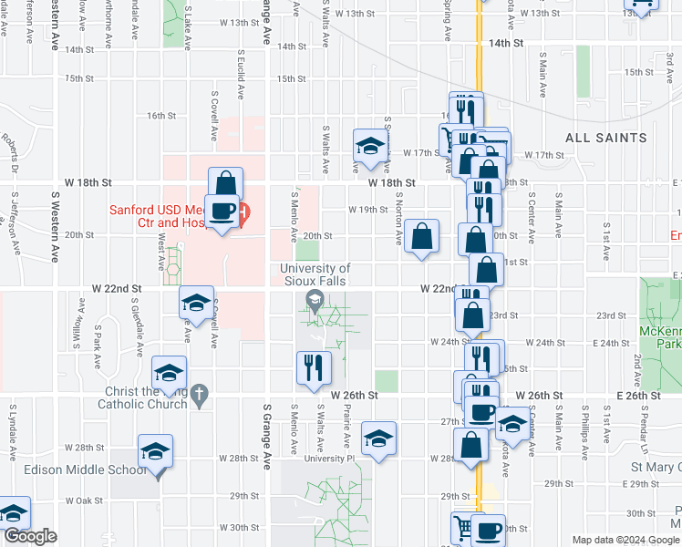 map of restaurants, bars, coffee shops, grocery stores, and more near 1311 South Prairie Avenue in Sioux Falls