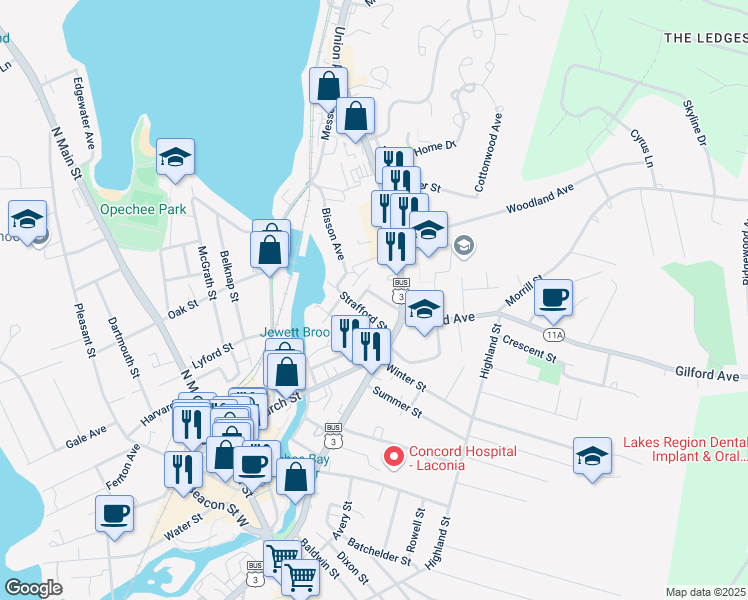 map of restaurants, bars, coffee shops, grocery stores, and more near 25 Strafford Street in Laconia