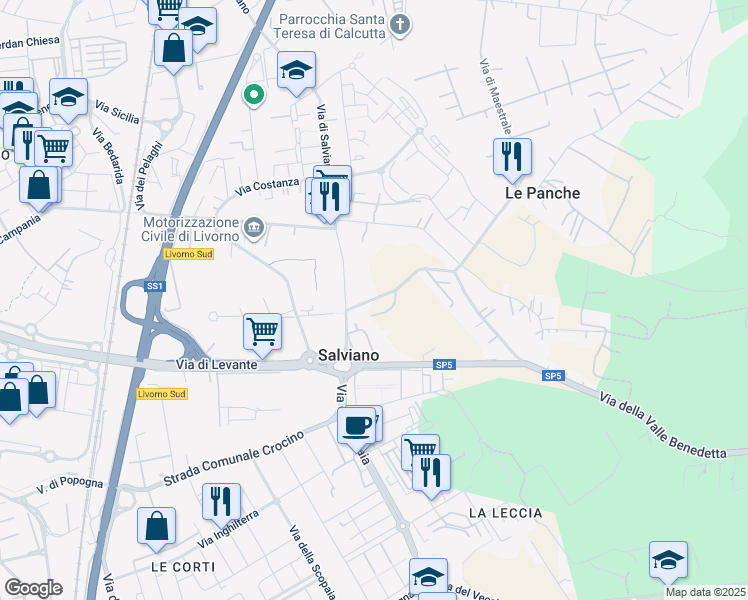 map of restaurants, bars, coffee shops, grocery stores, and more near 24 Via della Valle Benedetta in Livorno