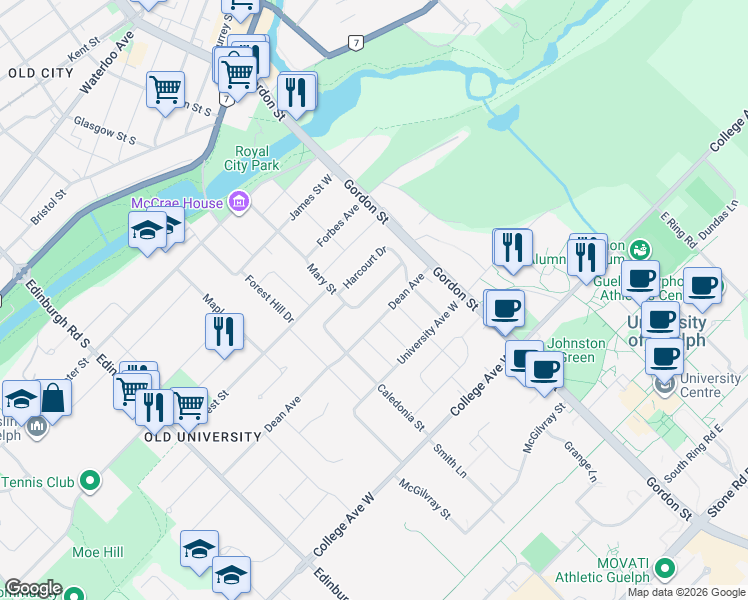 map of restaurants, bars, coffee shops, grocery stores, and more near 135 Mary Street in Guelph