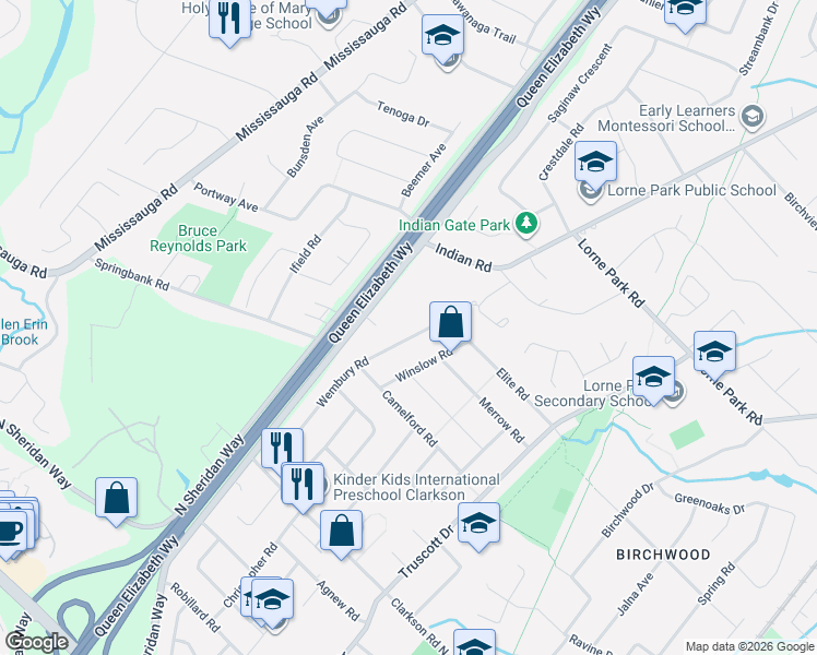 map of restaurants, bars, coffee shops, grocery stores, and more near 1553 Wembury Road in Mississauga
