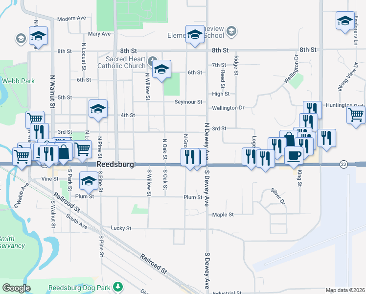map of restaurants, bars, coffee shops, grocery stores, and more near 127 North Grove Street in Reedsburg