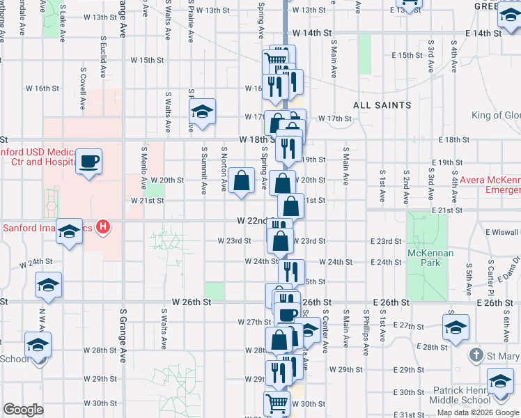 map of restaurants, bars, coffee shops, grocery stores, and more near 610 West 22nd Street in Sioux Falls