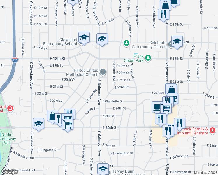 map of restaurants, bars, coffee shops, grocery stores, and more near 3801 East 22nd Street in Sioux Falls