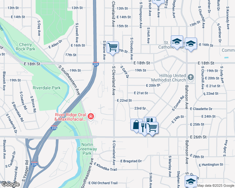 map of restaurants, bars, coffee shops, grocery stores, and more near 1409 South Cleveland Avenue in Sioux Falls