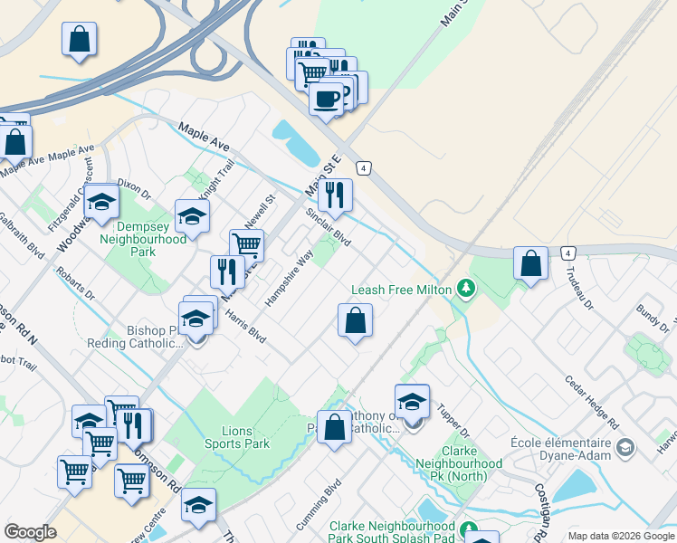 map of restaurants, bars, coffee shops, grocery stores, and more near 235 Featherstone Road in Milton