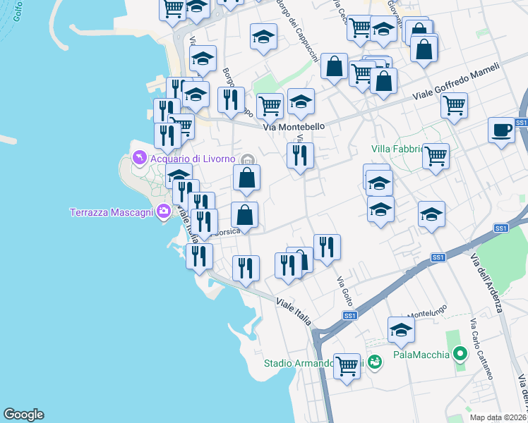 map of restaurants, bars, coffee shops, grocery stores, and more near 112 Via San Jacopo In Acquaviva in Livorno