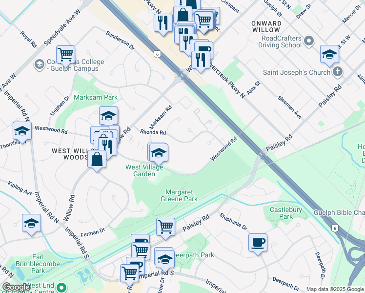 map of restaurants, bars, coffee shops, grocery stores, and more near 70 Rhonda Road in Guelph