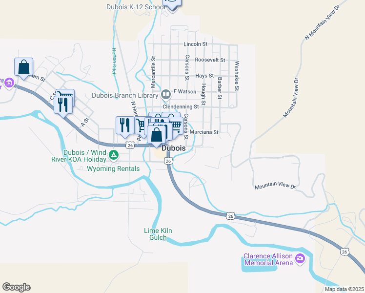 map of restaurants, bars, coffee shops, grocery stores, and more near 220 East Rams Horn in Lander