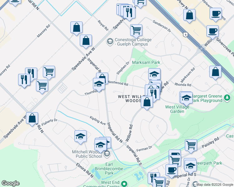 map of restaurants, bars, coffee shops, grocery stores, and more near 8 Pickwick Place in Guelph
