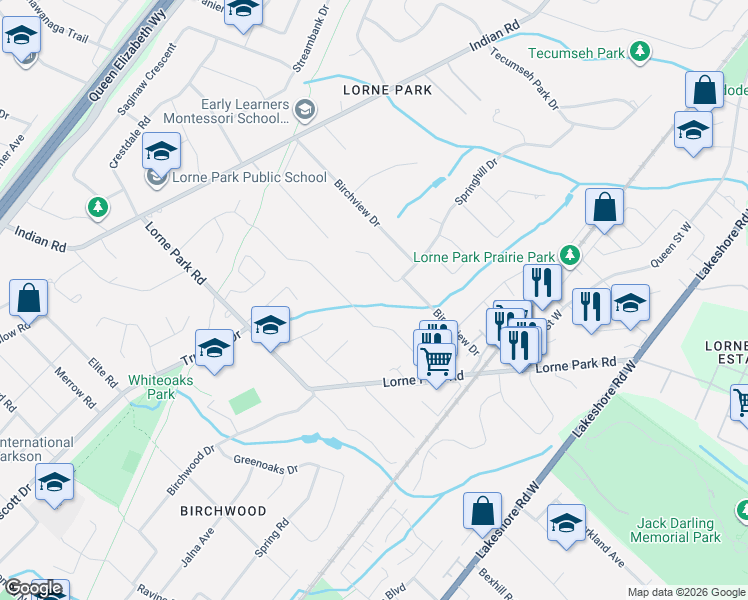 map of restaurants, bars, coffee shops, grocery stores, and more near 1273 Queen Victoria Avenue in Mississauga