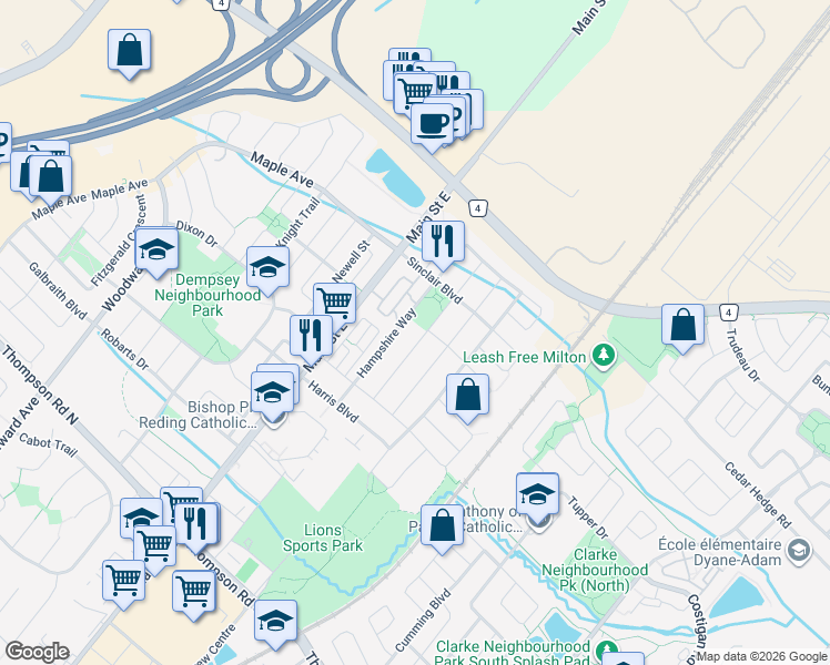 map of restaurants, bars, coffee shops, grocery stores, and more near 205 Sherwood Road in Milton