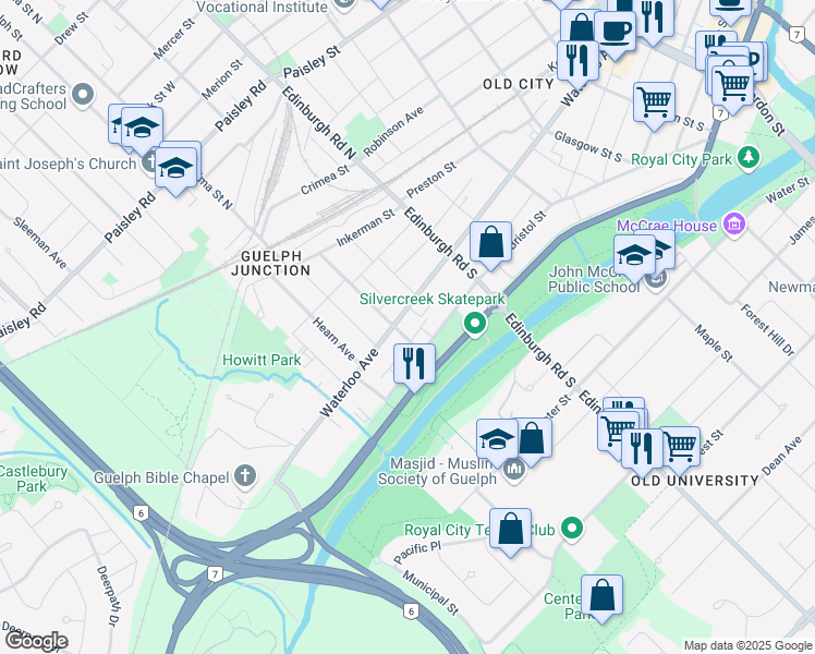 map of restaurants, bars, coffee shops, grocery stores, and more near 267 Bristol Street in Guelph
