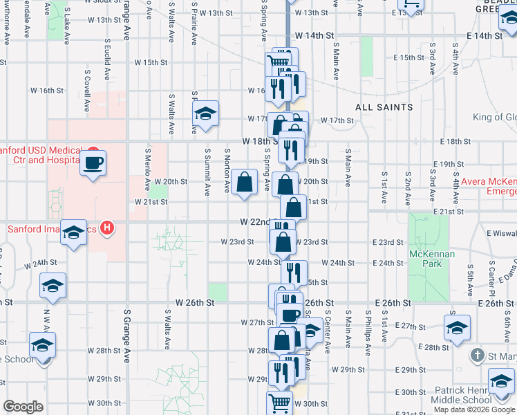 map of restaurants, bars, coffee shops, grocery stores, and more near 610 West 22nd Street in Sioux Falls