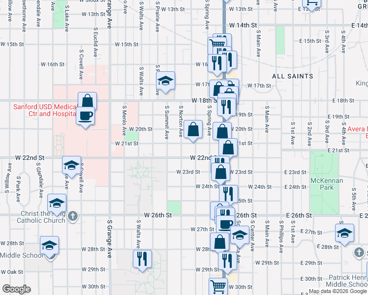 map of restaurants, bars, coffee shops, grocery stores, and more near 1402 South Norton Avenue in Sioux Falls