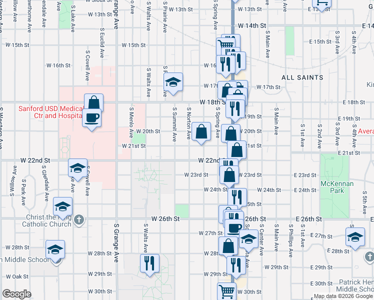 map of restaurants, bars, coffee shops, grocery stores, and more near 1402 South Norton Avenue in Sioux Falls