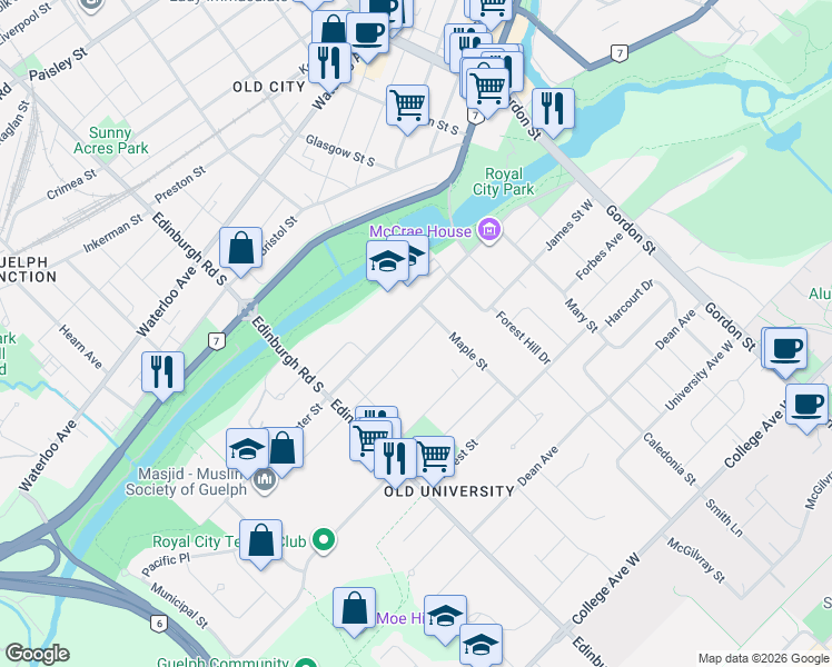 map of restaurants, bars, coffee shops, grocery stores, and more near 16 Cedar Street in Guelph