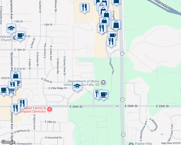 map of restaurants, bars, coffee shops, grocery stores, and more near 5450 East Blarney Place in Sioux Falls