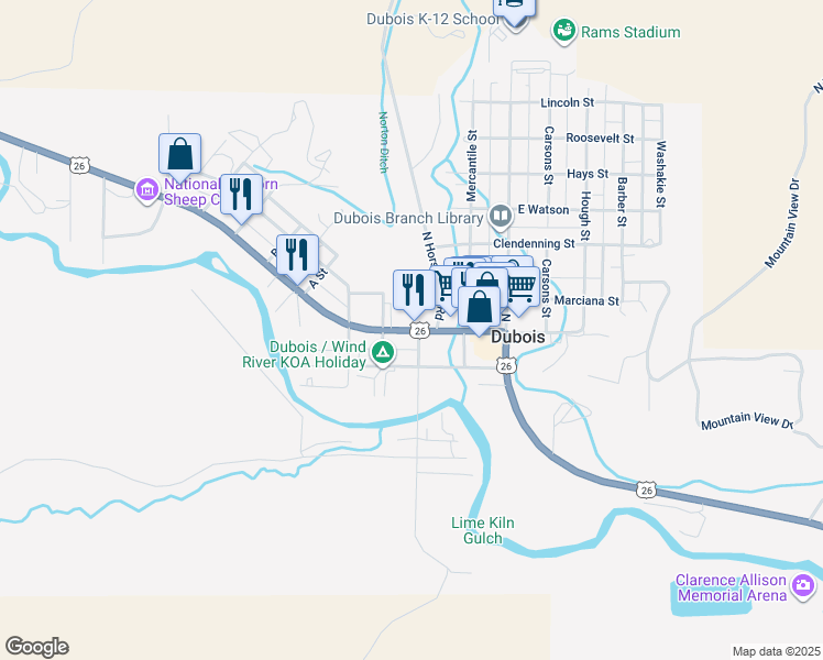 map of restaurants, bars, coffee shops, grocery stores, and more near 218 West Ramshorn in Lander
