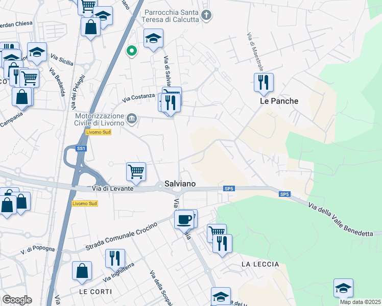 map of restaurants, bars, coffee shops, grocery stores, and more near 24 Via della Valle Benedetta in Livorno