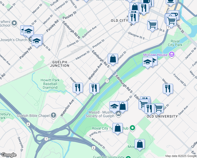 map of restaurants, bars, coffee shops, grocery stores, and more near 245 Bristol Street in Guelph