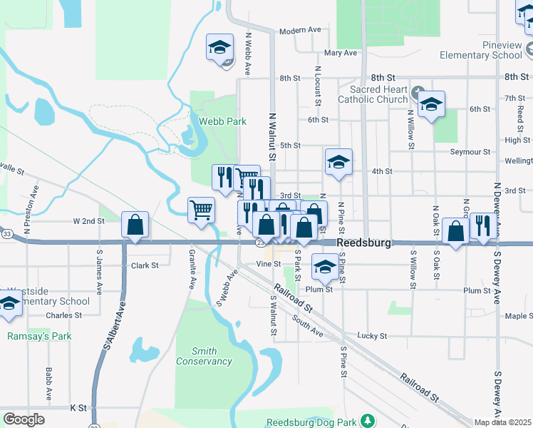 map of restaurants, bars, coffee shops, grocery stores, and more near 215 North Walnut Street in Reedsburg