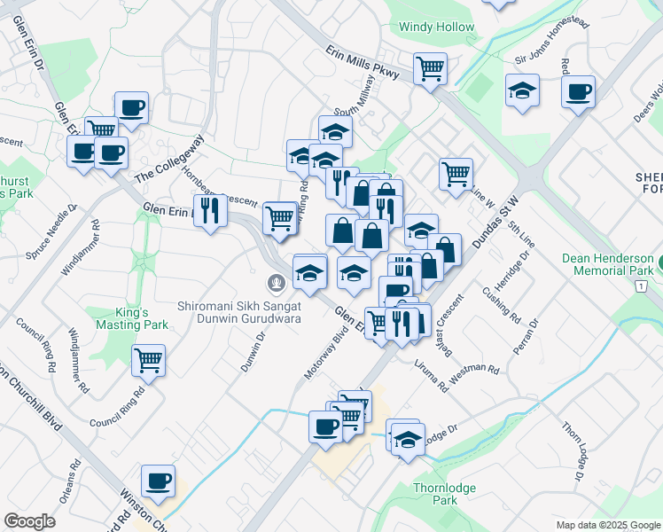 map of restaurants, bars, coffee shops, grocery stores, and more near in Mississauga