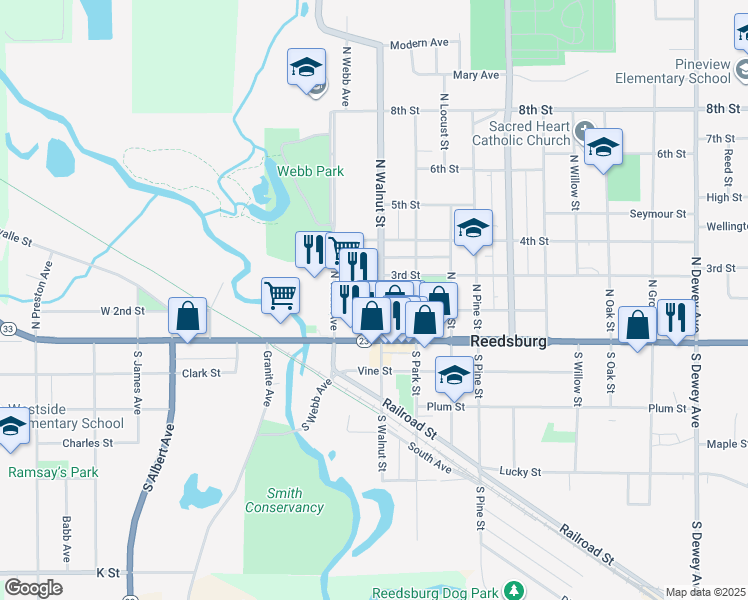 map of restaurants, bars, coffee shops, grocery stores, and more near 215 North Walnut Street in Reedsburg