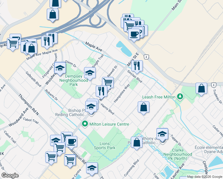 map of restaurants, bars, coffee shops, grocery stores, and more near 1254 Main Street East in Milton