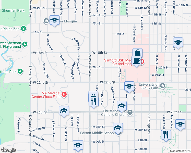 map of restaurants, bars, coffee shops, grocery stores, and more near 1305 South Willow Avenue in Sioux Falls