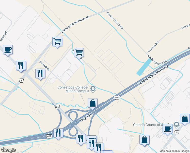 map of restaurants, bars, coffee shops, grocery stores, and more near Parkhill Drive in Milton